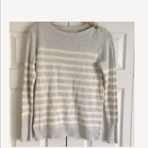 J crew size L boatneck sweater with buttons. Light grey with white stripes